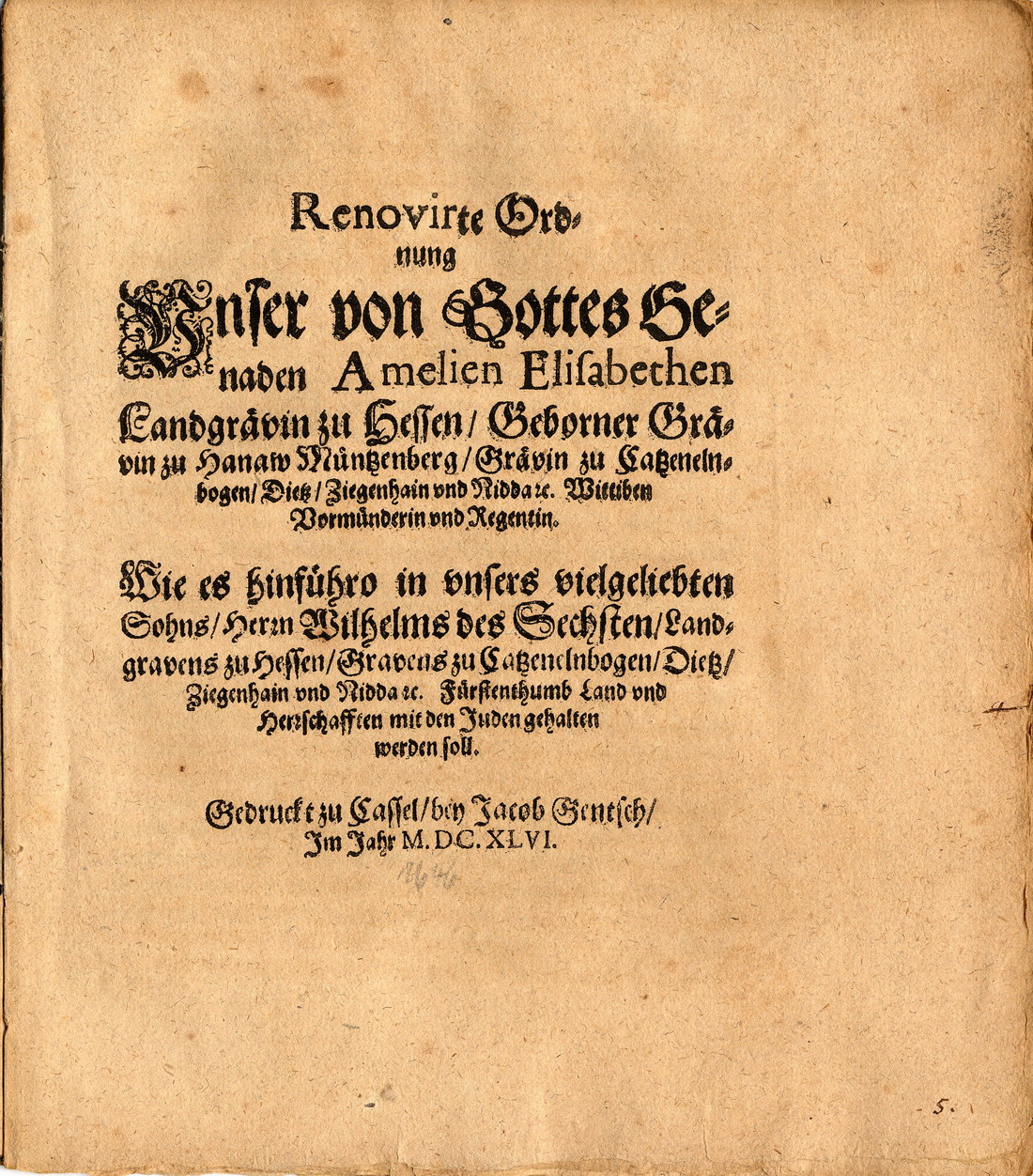 Judenordnung aus dem Jahr 1646 von Amalie Elisabeth Landgräfin zu Hessen