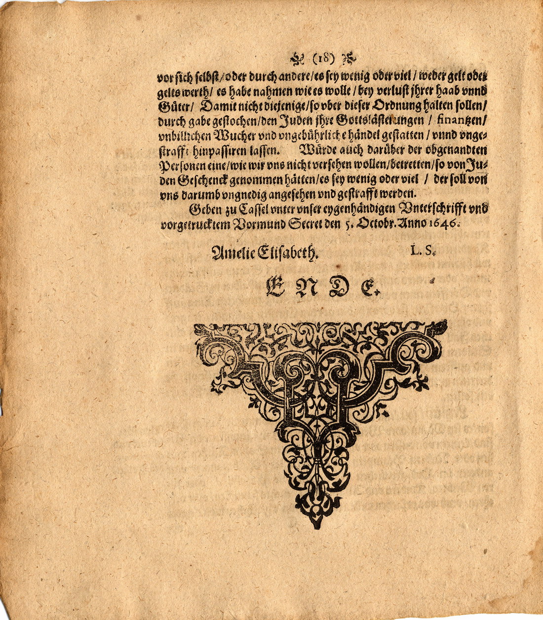 Judenordnung aus dem Jahr 1646 von Amalie Elisabeth Landgräfin zu Hessen