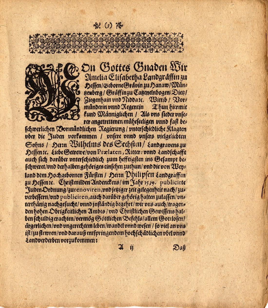 Judenordnung aus dem Jahr 1646 von Amalie Elisabeth Landgräfin zu Hessen