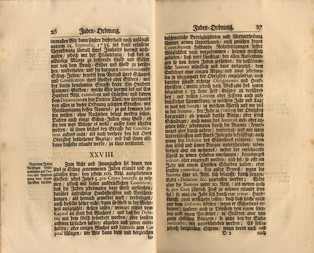 Judenordnung aus dem Jahr 1739, erlassen durch Friedrich, König von Schweden und Landgraf zu Hessen-Kassel