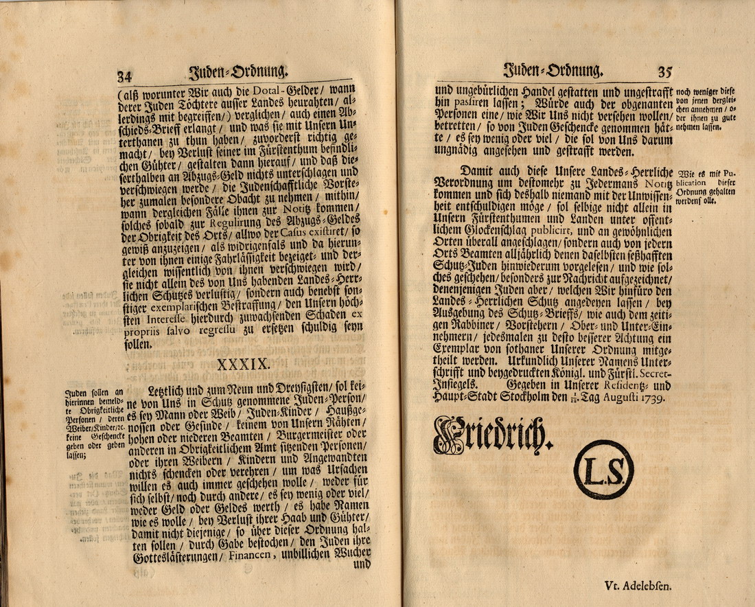 Judenordnung aus dem Jahr 1739, erlassen durch Friedrich, König von Schweden und Landgraf zu Hessen-Kassel