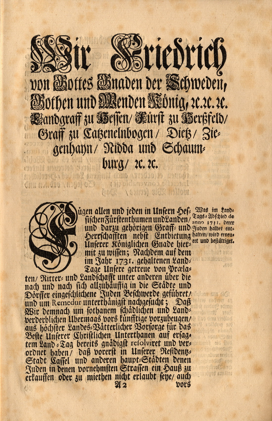 Judenordnung aus dem Jahr 1739, erlassen durch Friedrich, König von Schweden und Landgraf zu Hessen-Kassel