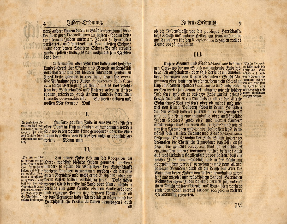 Judenordnung aus dem Jahr 1739, erlassen durch Friedrich, König von Schweden und Landgraf zu Hessen-Kassel