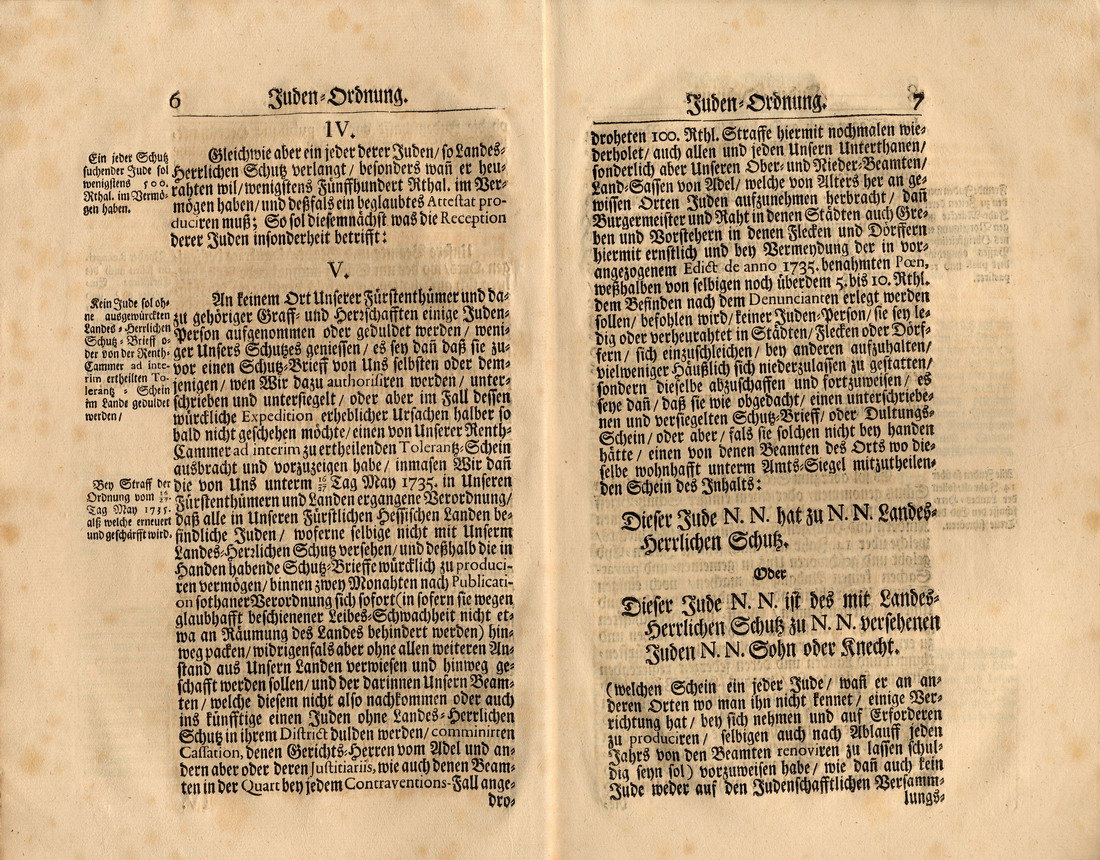Judenordnung aus dem Jahr 1739, erlassen durch Friedrich, König von Schweden und Landgraf zu Hessen-Kassel