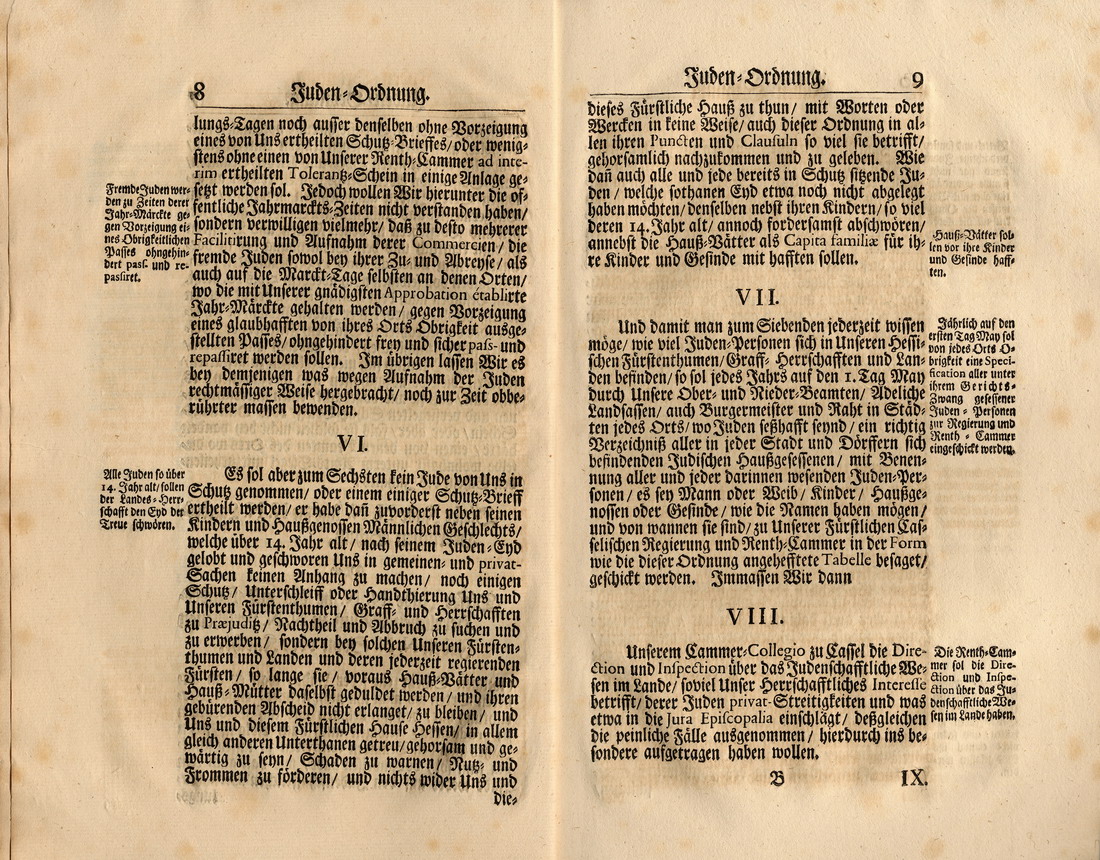 Judenordnung aus dem Jahr 1739, erlassen durch Friedrich, König von Schweden und Landgraf zu Hessen-Kassel