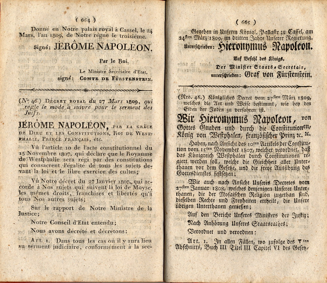 Königliches Dekret vom 27. März 1809 über die Eidleistungen von Juden, erlassen durch Jérôme Napoléon, König von Westphalen