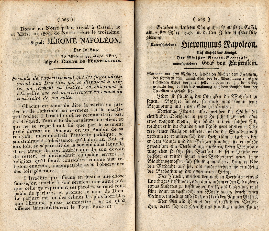 Königliches Dekret vom 27. März 1809 über die Eidleistungen von Juden, erlassen durch Jérôme Napoléon, König von Westphalen