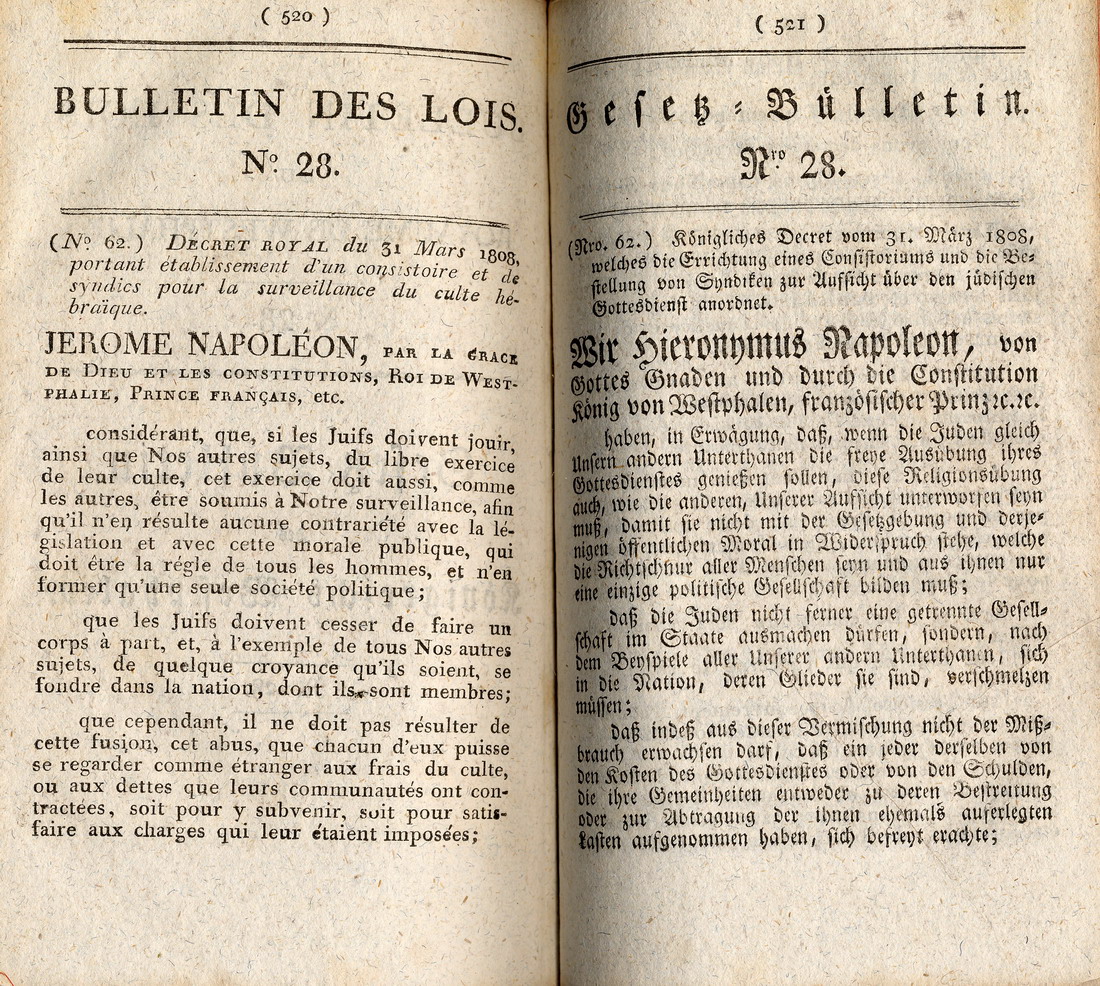 Dekret vom 31. März 1808 über die Errichtung eines jüdischen Konsistoriums, erlassen von Jérôme Napoléon, König von Westphalen