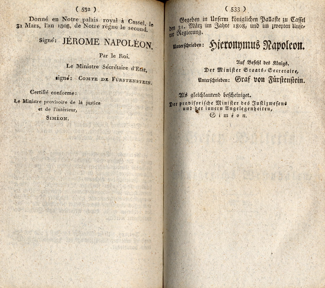 Dekret vom 31. März 1808 über die Errichtung eines jüdischen Konsistoriums, erlassen von Jérôme Napoléon, König von Westphalen