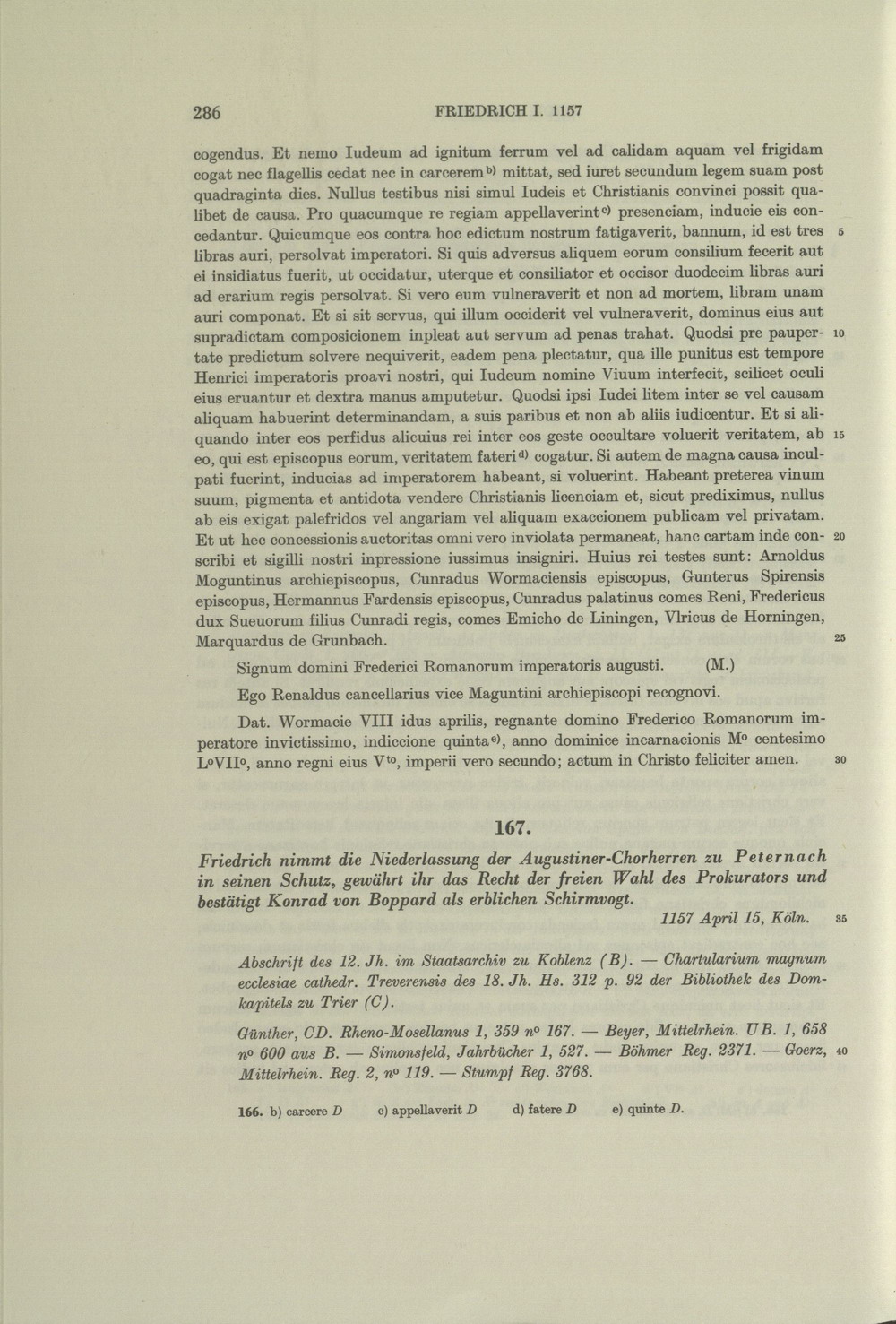 Wormser Judenprivileg Kaiser Friedrich I. Barbarossas vom 6. April 1157 [MGH-Text mit Übersetzung]