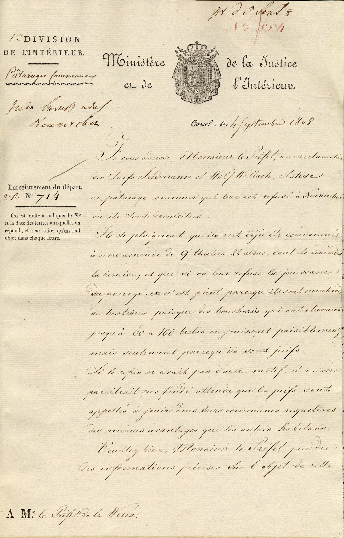 Schreiben des Justiz- und Innenministers des Königreichs Westphalen am 4. September 1808 an den Präfekten des Werra-Départements betreffend einer Beschwerde zweier Juden aus Neukirchen