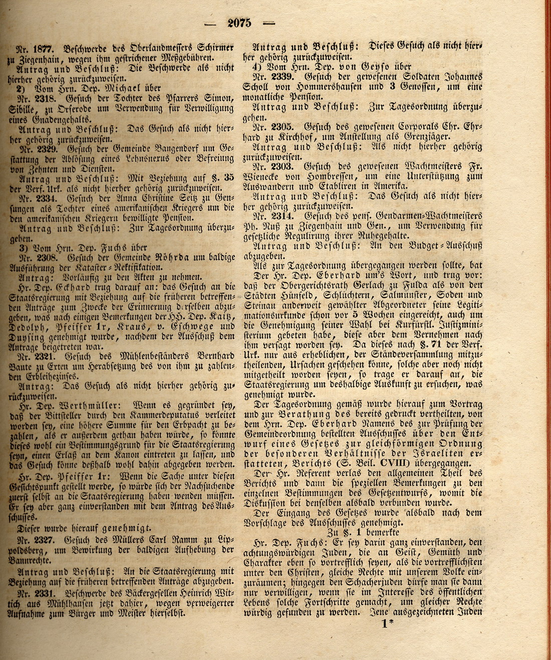 Verhandlungen des kurhessischen Landtags am 29. Mai 1832 über den Entwurf eines "Gesetzes zur gleichförmigen Ordnung der besonderen Verhältnisse der Israeliten" [insb. S. 2075ff. bzw. Blatt 3ff.]
