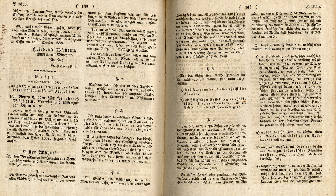 "Gesetz zur gleichförmigen Ordnung der besonderen Verhältnisse der Israeliten", vom 29. Oktober 1833