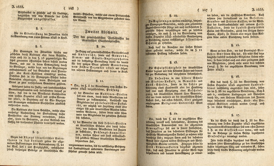 "Gesetz zur gleichförmigen Ordnung der besonderen Verhältnisse der Israeliten", vom 29. Oktober 1833