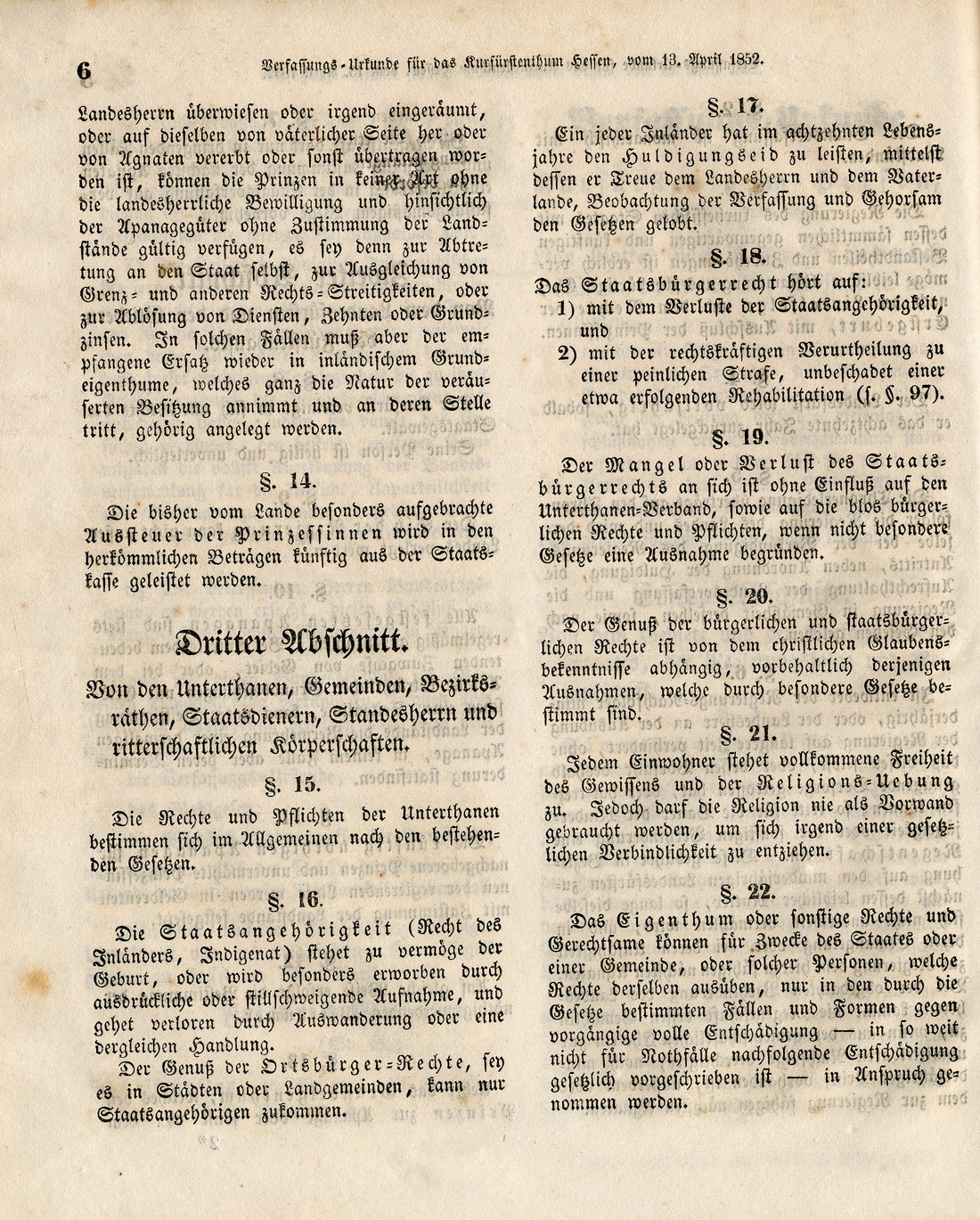 Auszug aus der kurhessischen Verfassungsurkunde vom 5. Januar 1852, 3. Abschnitt: "Von den Unterthanen, Gemeinden, Bezirksräthen, Staatsdienern, Standesherrn und ritterlichen Körperschaften"