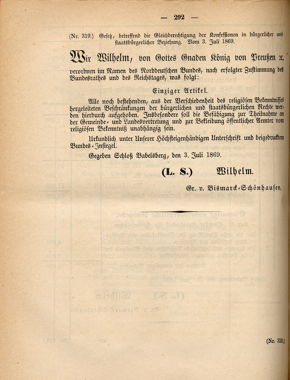 Gesetz des Norddeutschen Bundes, "betreffend die Gleichberechtigung der Konfessionen in bürgerlicher und staatsbürgerlicher Beziehung", vom 3. Juli 1869