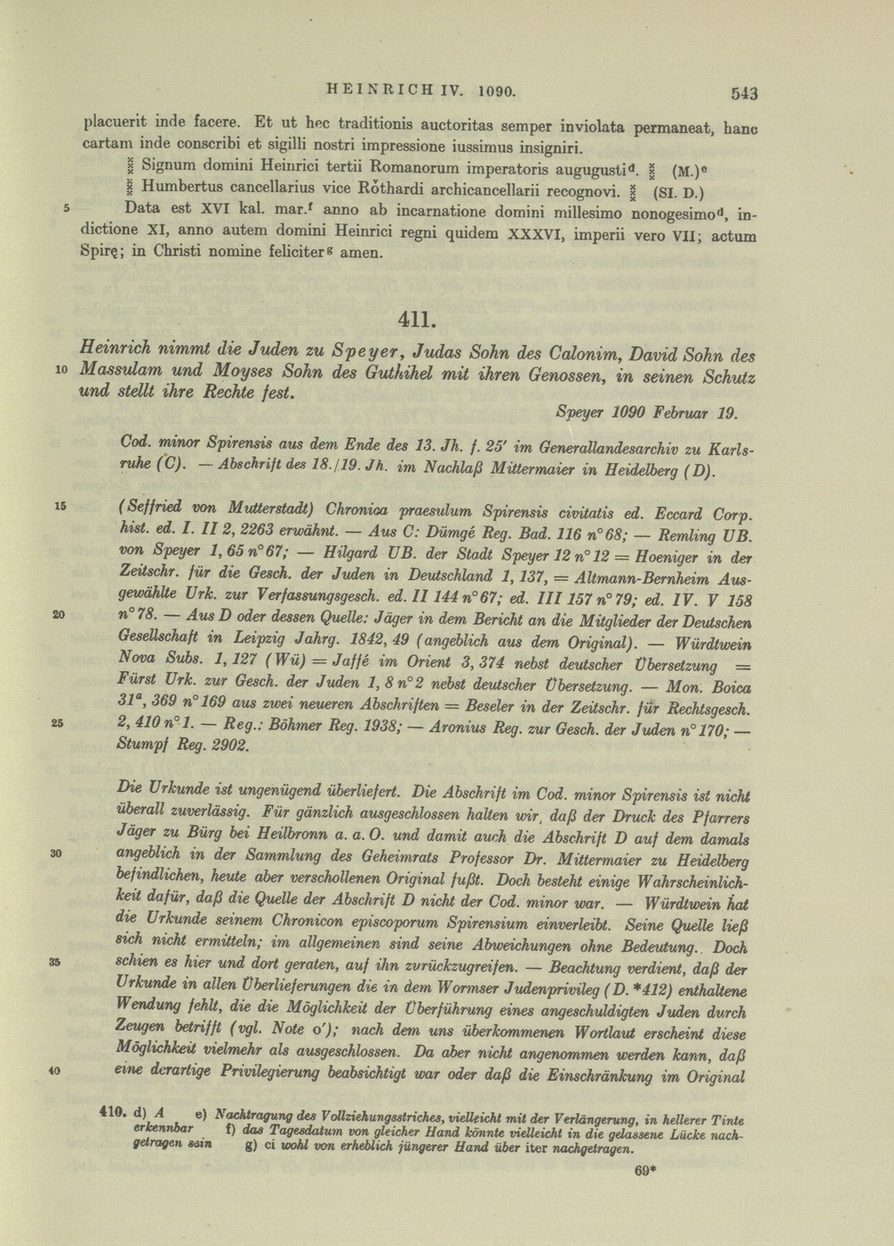 Judenprivileg Kaiser Heinrich IV., gegeben zu Speyer am  19.  Februar 1090 [mit MGH Erläuterung]