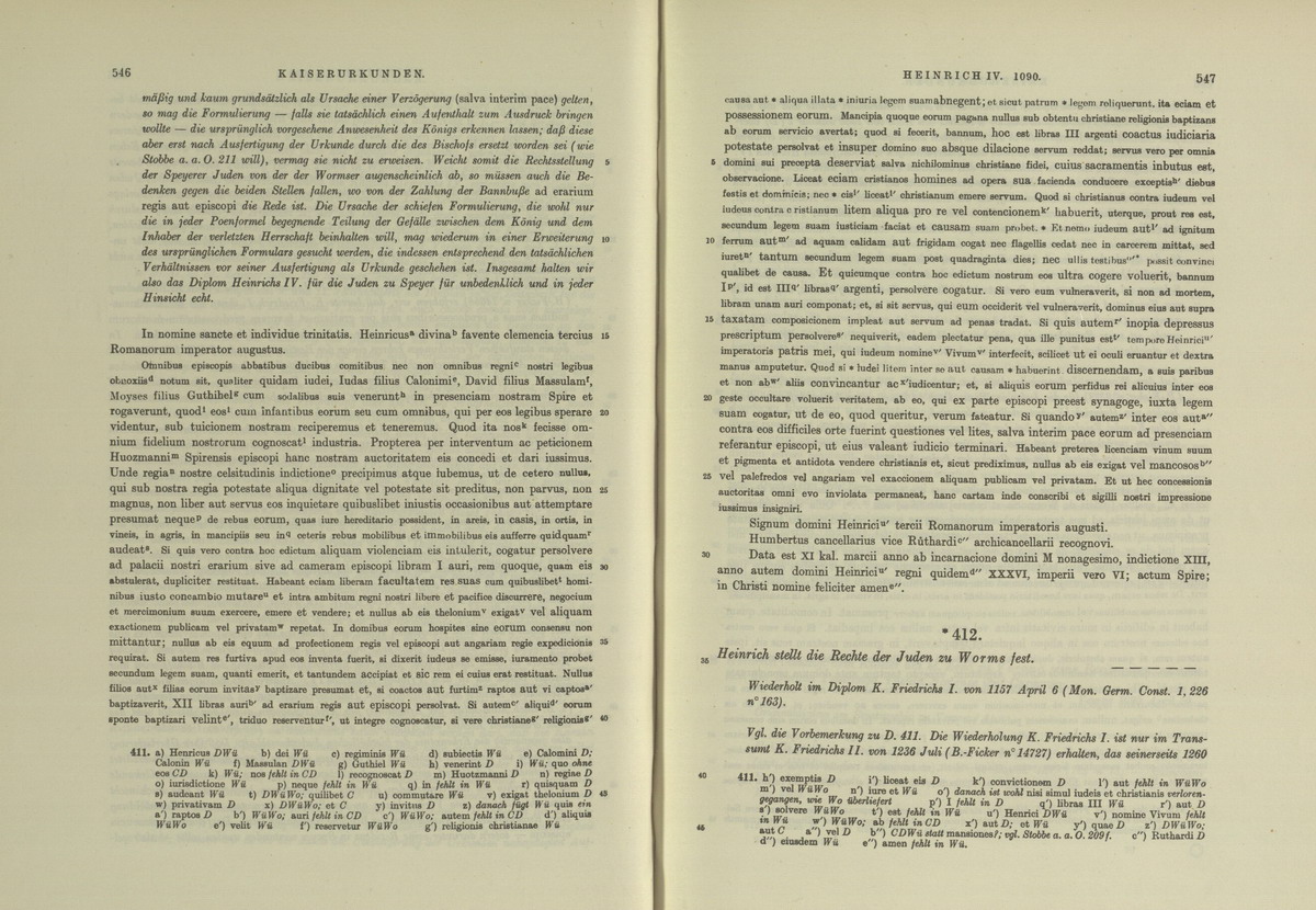 Judenprivileg Kaiser Heinrich IV., gegeben zu Speyer am  19.  Februar 1090 [mit MGH Erläuterung]