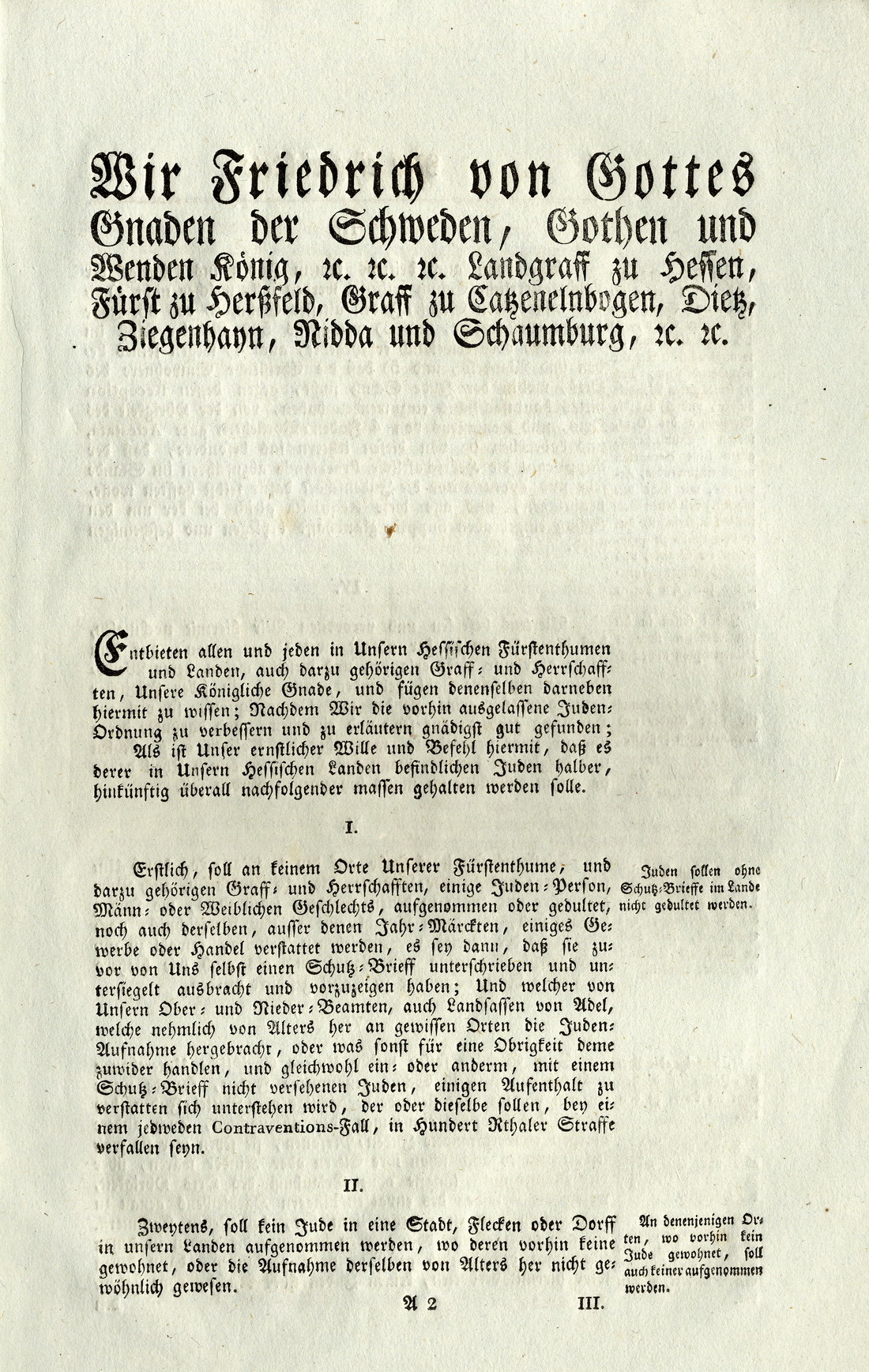 Judenordnung aus dem Jahr 1749, erlassen durch Friedrich, König von Schweden und Landgraf zu Hessen-Kassel