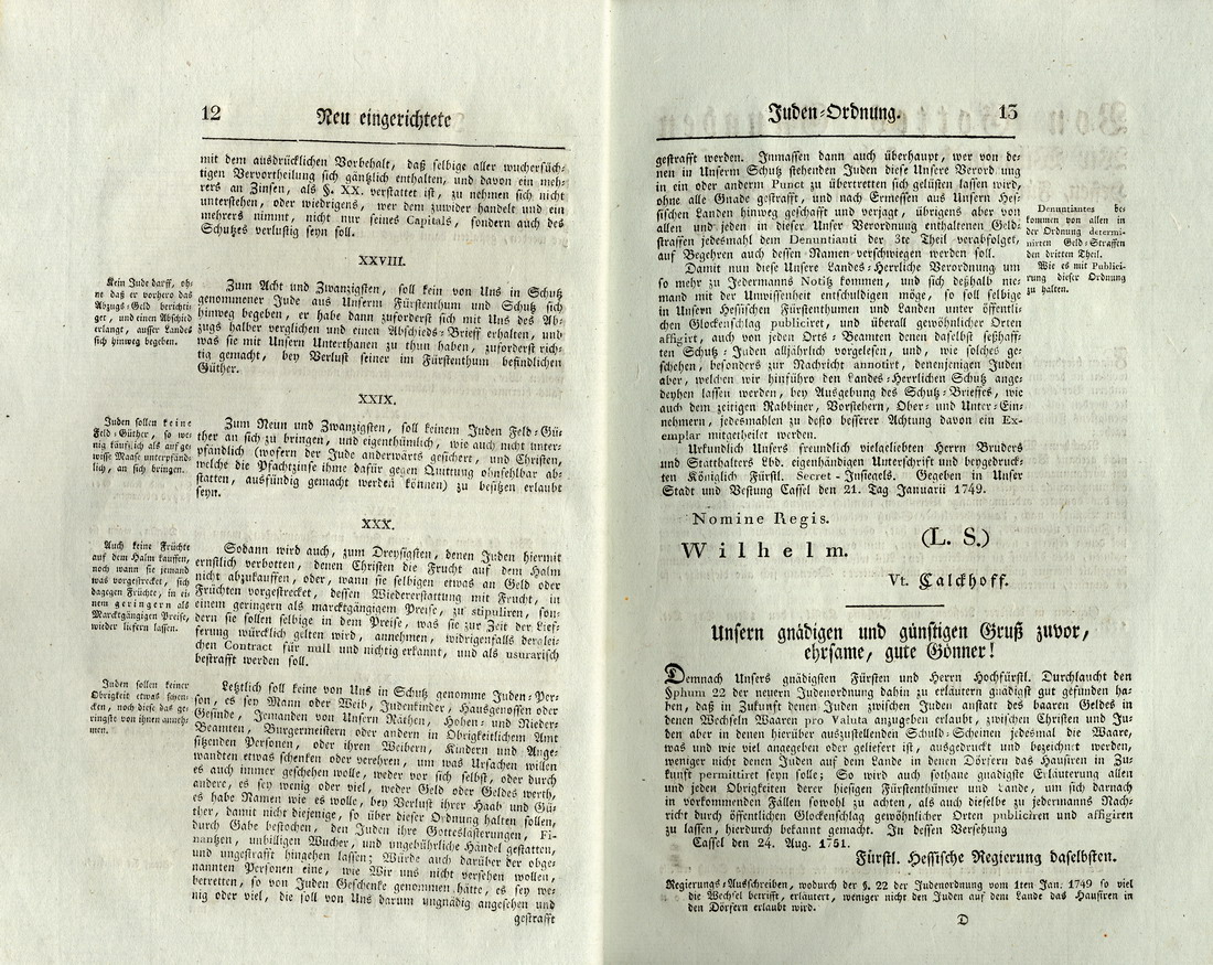 Judenordnung aus dem Jahr 1749, erlassen durch Friedrich, König von Schweden und Landgraf zu Hessen-Kassel