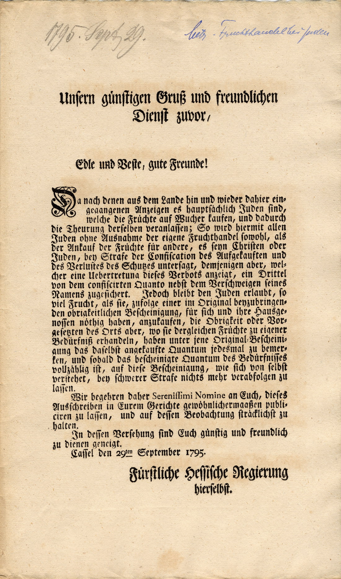 Fruchthandelsbeschränkung aus dem Jahr 1795, erlassen durch die Fürstlich Hessische Regierung