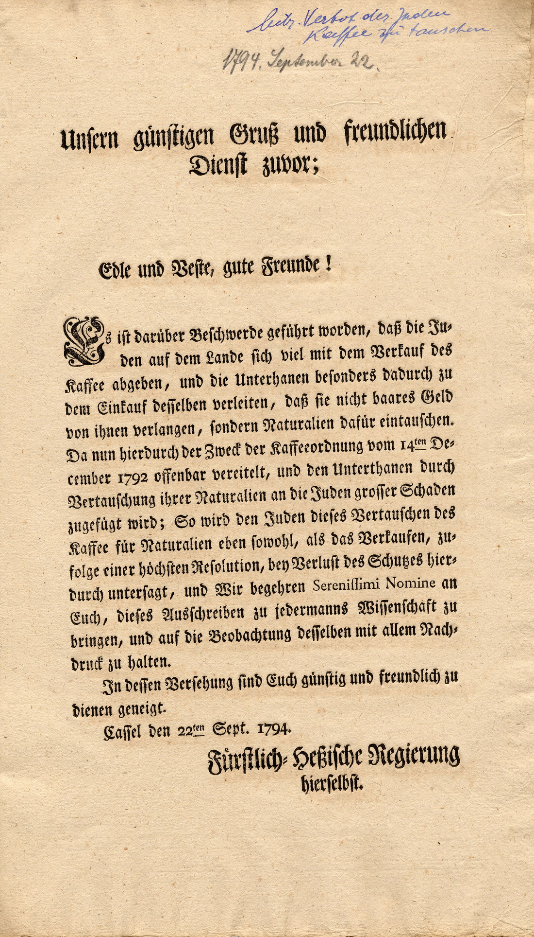 Kaffeetauschverbot aus dem Jahr 1794, erlassen durch die Fürstlich Hessische Regierung