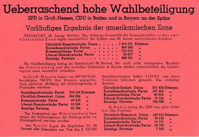 Zeitungsmeldung: Frankfurter Rundschau vom 29. Jan. 1946 über den Ausgang der Kommunalwahlen