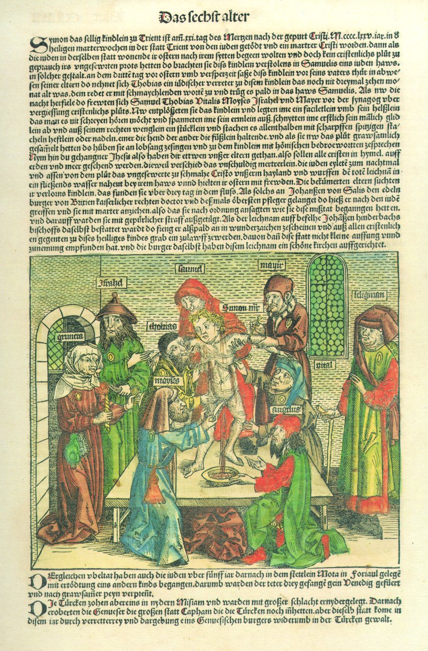 Hartmann Schedels Weltchronik 1493: Darstellung des angebl. Trienter Ritualmords von 1475