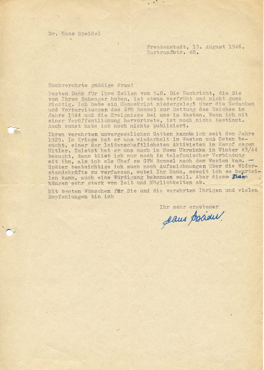 Schreiben von Dr. Hans Speidel an Cläre Fellgiebel betreffend Darstellung General Fellgiebels in einer Publikation Speidels, 13. August 1946.