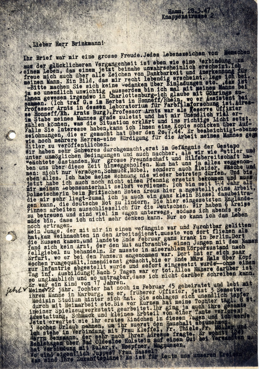 Schreiben von Cläre Fellgiebel an Oberst a. D. Ferdinand Brinkmann betreffend Ereignisse nach dem 20. Juli 1944 und das Schicksal ihrer Kinder, 28. März 1947