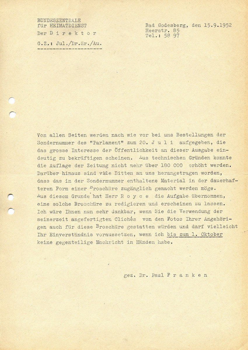 Korrespendenz zwischen Bundeszentrale für Heimatdienst und Cläre Fellgiebel betreffend "Die Wahrheit über den 20. Juli 1944" in "Das Parlament", 15. bis 25. September 1952