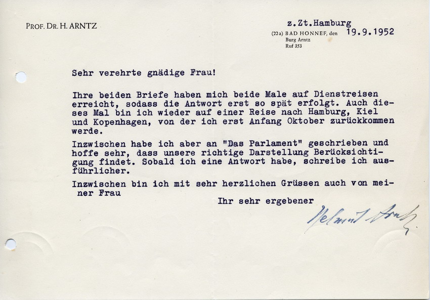 Korrespendenz zwischen Bundeszentrale für Heimatdienst und Cläre Fellgiebel betreffend "Die Wahrheit über den 20. Juli 1944" in "Das Parlament", 15. bis 25. September 1952