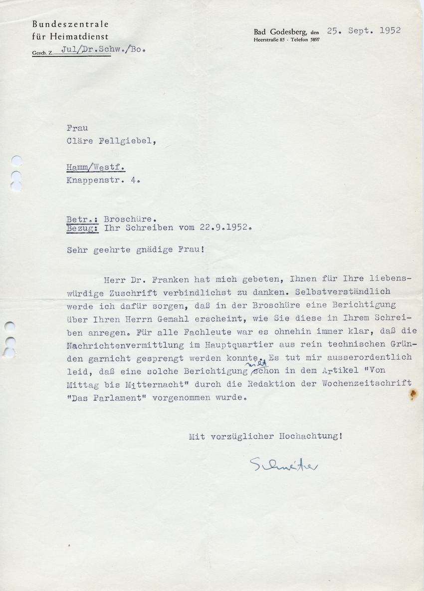 Korrespendenz zwischen Bundeszentrale für Heimatdienst und Cläre Fellgiebel betreffend "Die Wahrheit über den 20. Juli 1944" in "Das Parlament", 15. bis 25. September 1952