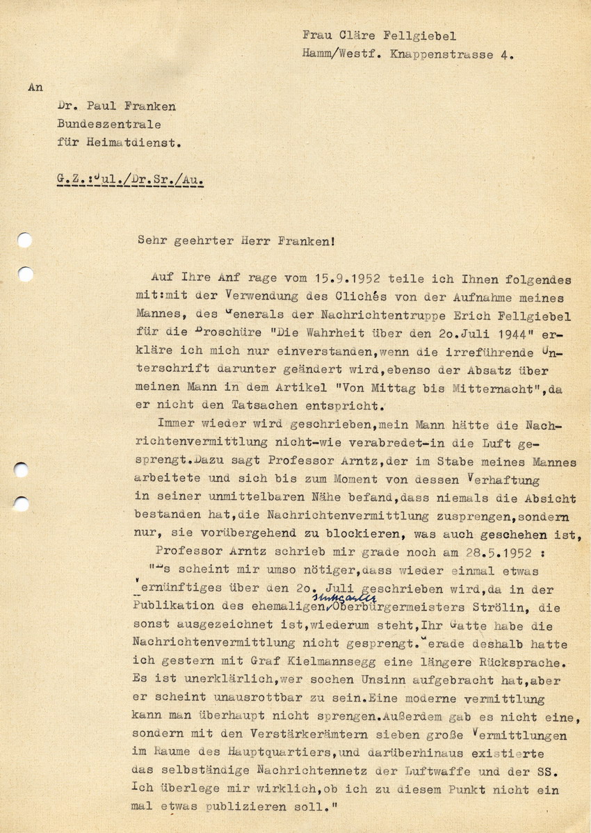 Korrespendenz zwischen Bundeszentrale für Heimatdienst und Cläre Fellgiebel betreffend "Die Wahrheit über den 20. Juli 1944" in "Das Parlament", 15. bis 25. September 1952