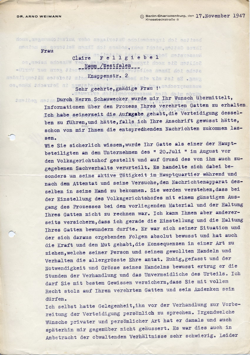 Schreiben von Dr. Arno Weimann an Cläre Fellgiebel betreffend Verteidigung Erich Fellgiebels beim Volksgerichtshof 1944, 17. November 1947