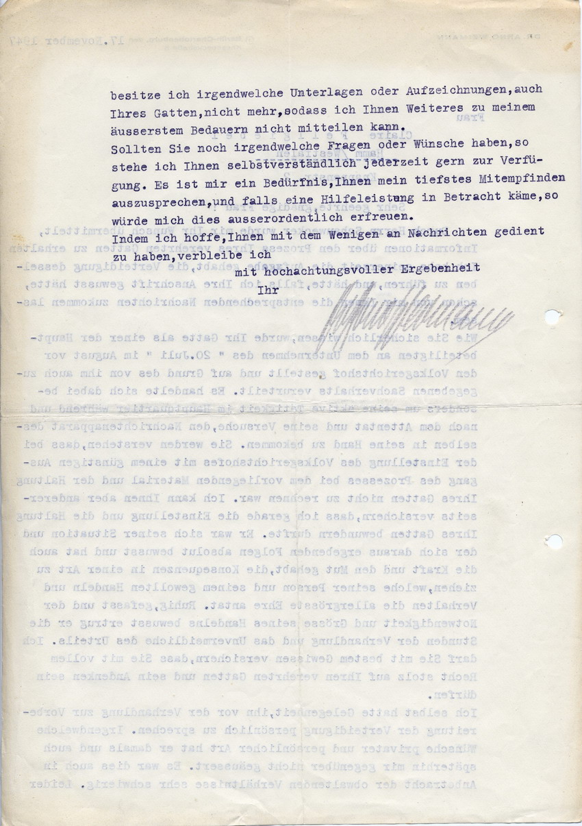 Schreiben von Dr. Arno Weimann an Cläre Fellgiebel betreffend Verteidigung Erich Fellgiebels beim Volksgerichtshof 1944, 17. November 1947