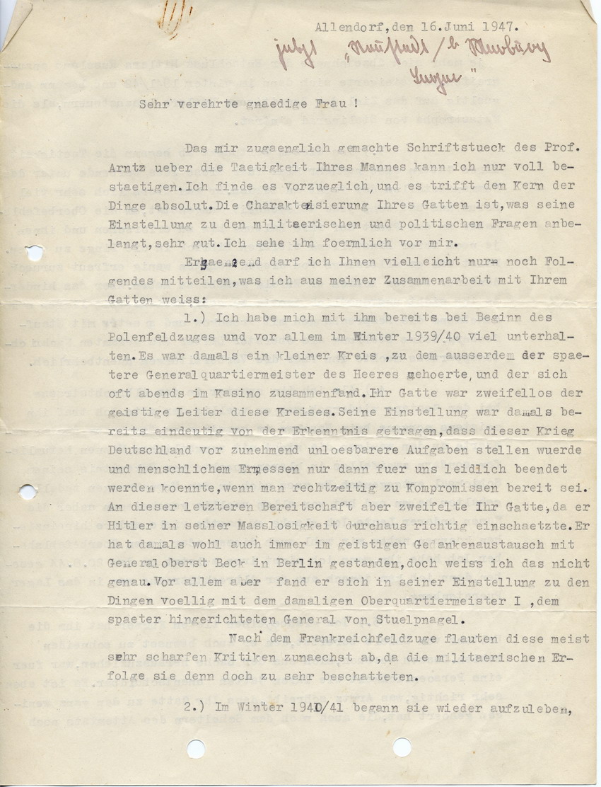 Schreiben von Adolf Heusinger an Cläre Fellgiebel betreffend General Erich Fellgiebels Tätigkeiten im Widerstand, 16. Juni 1947
