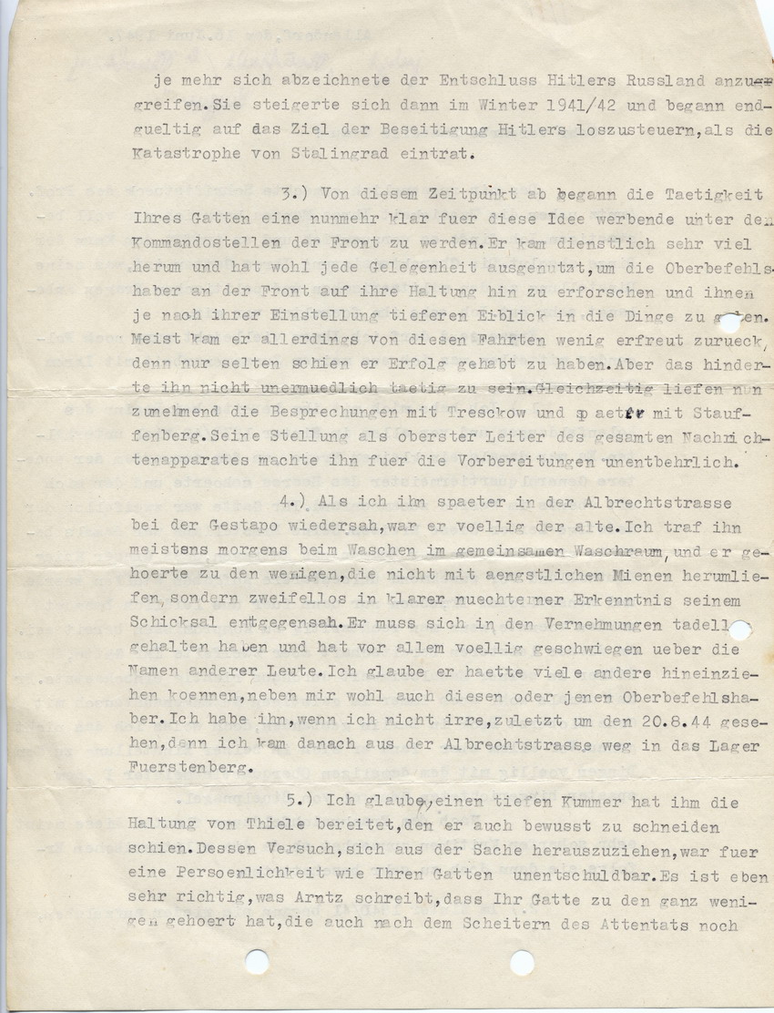 Schreiben von Adolf Heusinger an Cläre Fellgiebel betreffend General Erich Fellgiebels Tätigkeiten im Widerstand, 16. Juni 1947