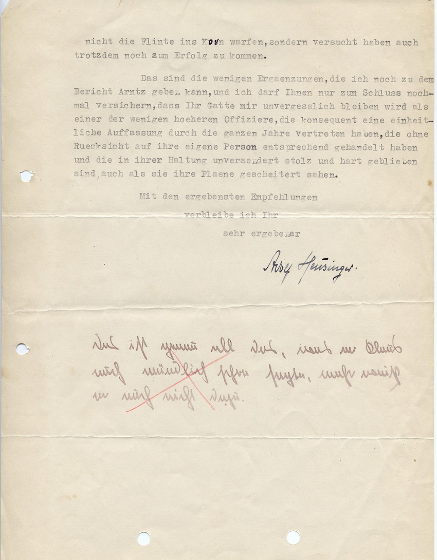 Schreiben von Adolf Heusinger an Cläre Fellgiebel betreffend General Erich Fellgiebels Tätigkeiten im Widerstand, 16. Juni 1947