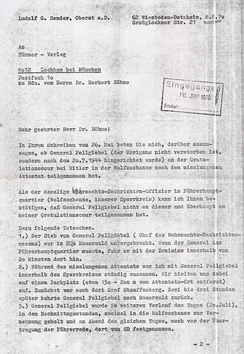 Antwortschreiben von Ludolf Sander an den Türmer-Verlag betreffend Teilnahme General Fellgiebels an der Gratulationscour bei Hitler, 8. Juni 1970