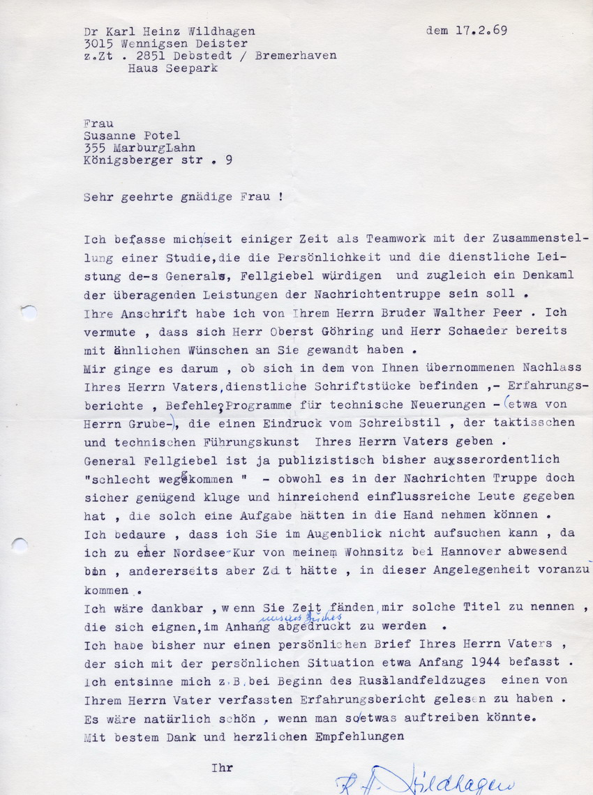 Schreiben von Dr. Karl Heinz Wildhagen an Susanne Potel betreffend dienstliche Dokumente General Erich Fellgiebels, 17. Februar 1969