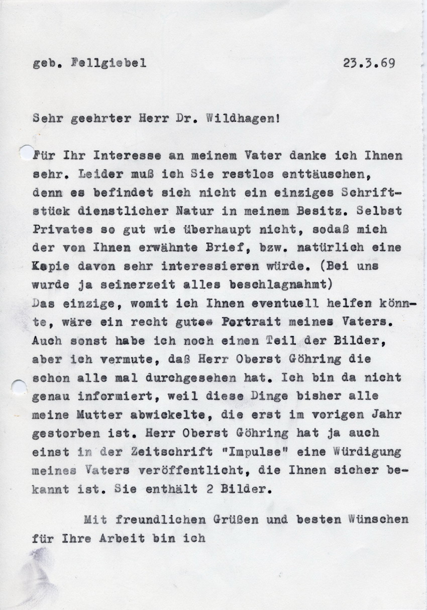 Schreiben von Dr. Karl Heinz Wildhagen an Susanne Potel betreffend dienstliche Dokumente General Erich Fellgiebels, 17. Februar 1969