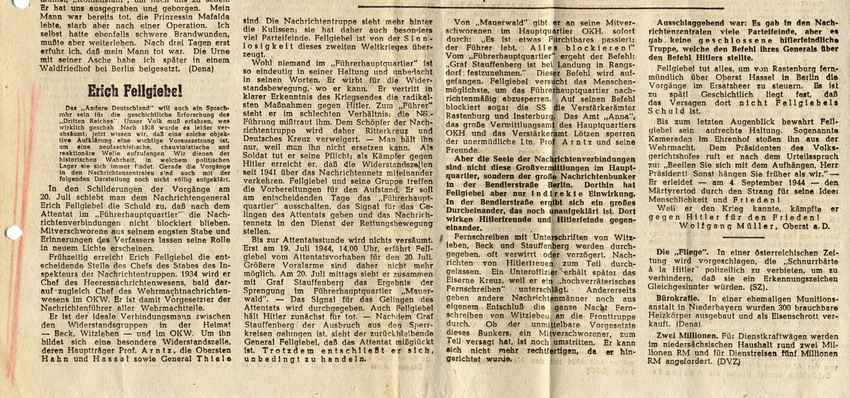 Zeitungsartikel "Erich Fellgiebel" von Wolfgang Müller in "Das Deutschland der andern" betreffend Ereignisse um 20. Juli 1944, 16. August 1947