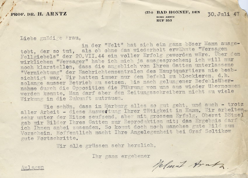 "Arntz-Bericht" und Schreiben von Prof. Dr. Helmut Arntz an Cläre Fellgiebel betreffend angeblich unterlassene "Vernichtung" der Nachrichtenvermittlung durch General Erich Fellgiebel, 30. Juli 1947