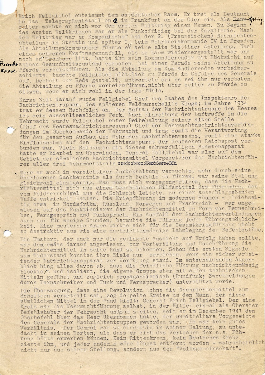 "Arntz-Bericht" und Schreiben von Prof. Dr. Helmut Arntz an Cläre Fellgiebel betreffend angeblich unterlassene "Vernichtung" der Nachrichtenvermittlung durch General Erich Fellgiebel, 30. Juli 1947