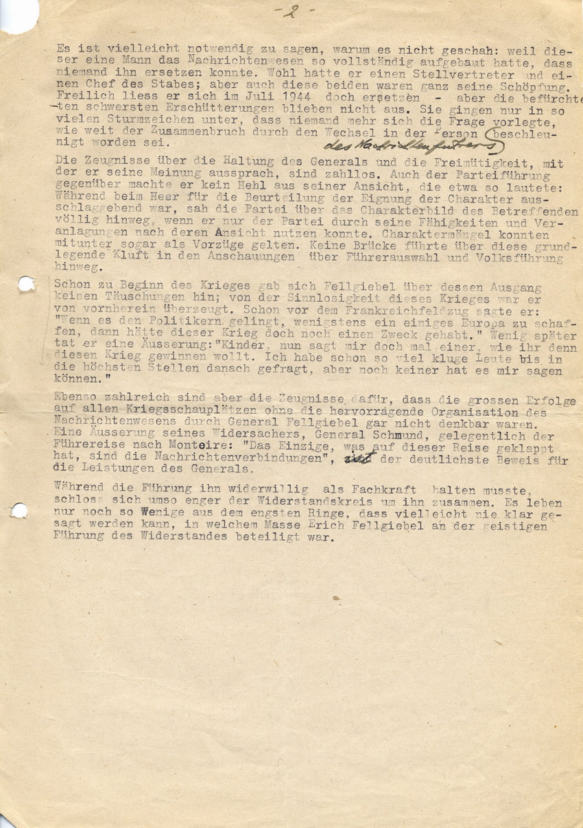 "Arntz-Bericht" und Schreiben von Prof. Dr. Helmut Arntz an Cläre Fellgiebel betreffend angeblich unterlassene "Vernichtung" der Nachrichtenvermittlung durch General Erich Fellgiebel, 30. Juli 1947