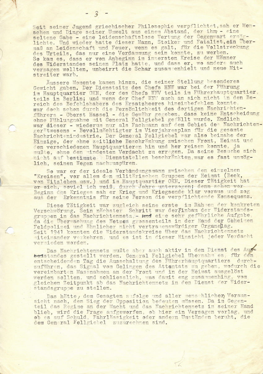 "Arntz-Bericht" und Schreiben von Prof. Dr. Helmut Arntz an Cläre Fellgiebel betreffend angeblich unterlassene "Vernichtung" der Nachrichtenvermittlung durch General Erich Fellgiebel, 30. Juli 1947