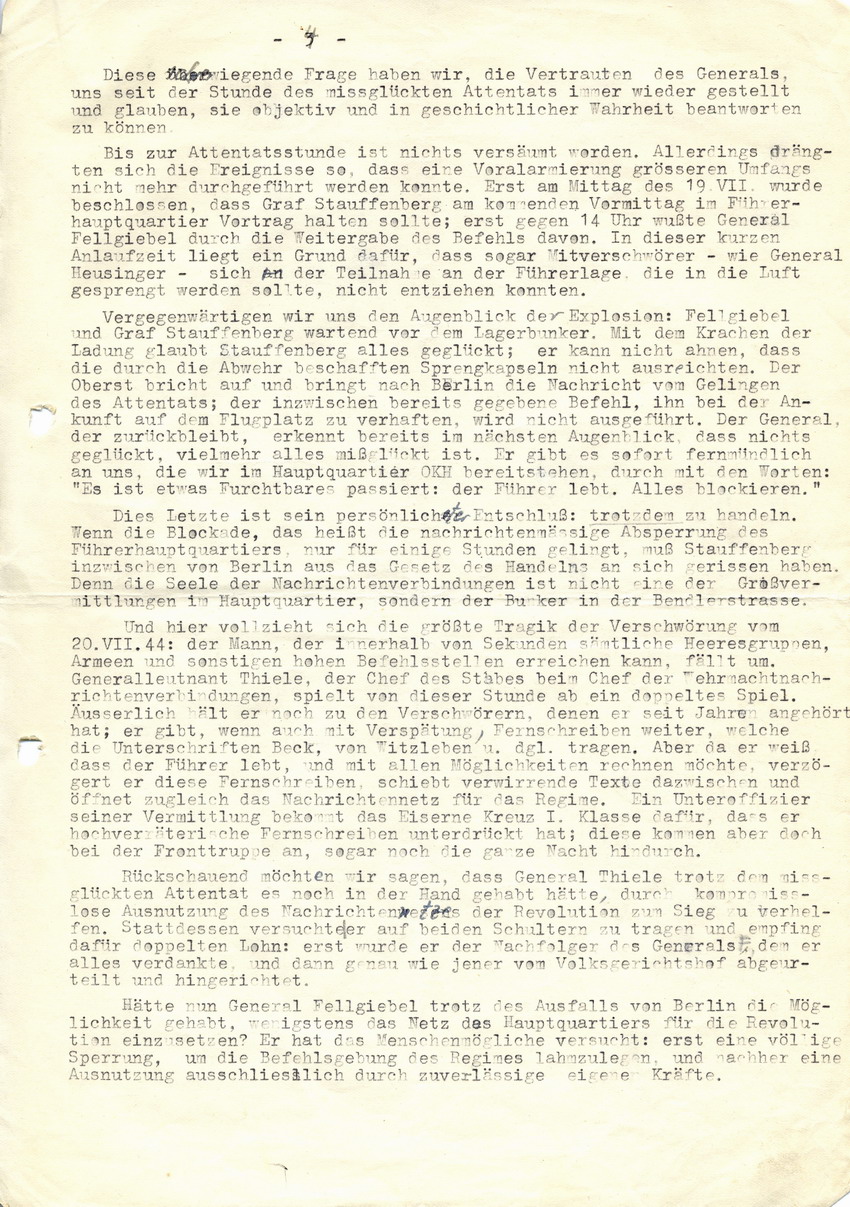 "Arntz-Bericht" und Schreiben von Prof. Dr. Helmut Arntz an Cläre Fellgiebel betreffend angeblich unterlassene "Vernichtung" der Nachrichtenvermittlung durch General Erich Fellgiebel, 30. Juli 1947