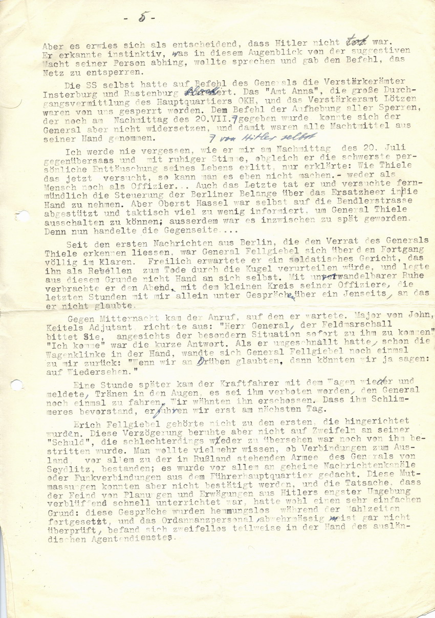 "Arntz-Bericht" und Schreiben von Prof. Dr. Helmut Arntz an Cläre Fellgiebel betreffend angeblich unterlassene "Vernichtung" der Nachrichtenvermittlung durch General Erich Fellgiebel, 30. Juli 1947