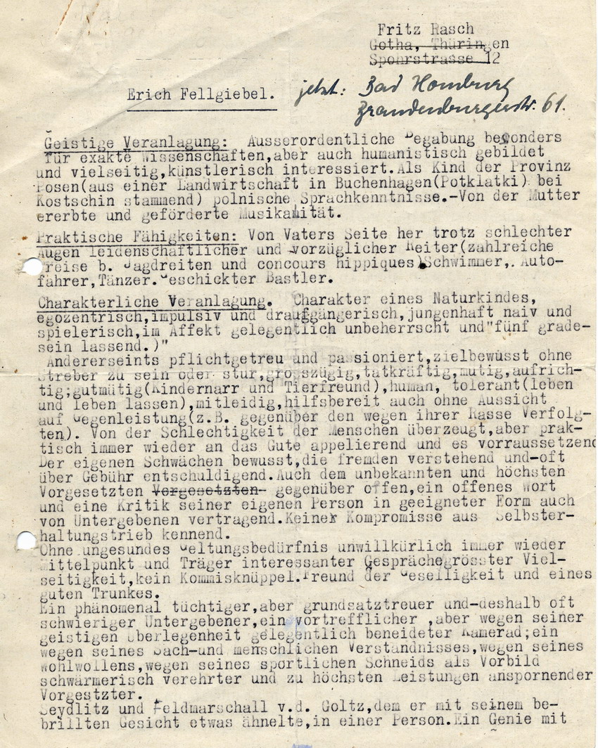 Bericht von Fritz Rasch über den Charakter und die Person von General Erich Fellgiebel